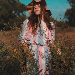 VINTAGE striped dress puff sleeve pink blue